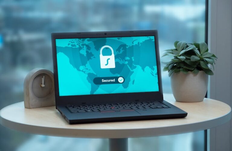 Laptop z ikoną kłódki na ekranie stoi na stole obok rośliny.