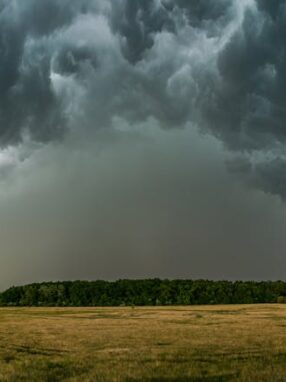 Szeroki krajobraz z rozległym polem pod ciemnymi, burzowymi chmurami typu shelf cloud.
